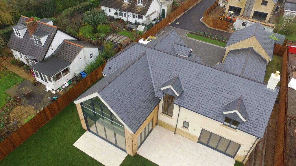 Langham — garden room and terrace from the air