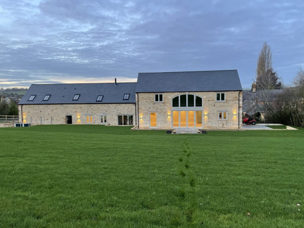 Lime Grange Barn, Harringworth — the barn at dusk