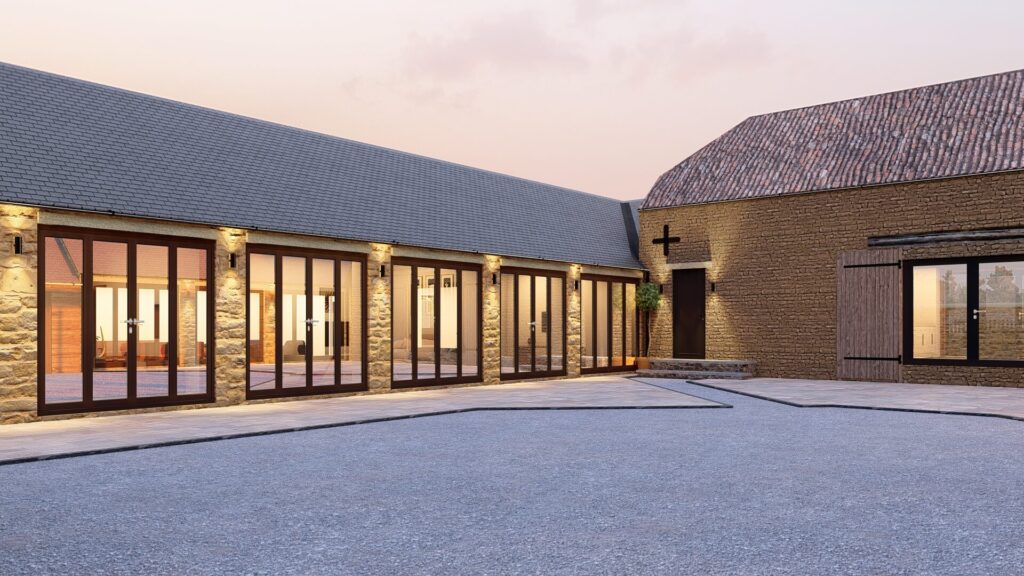 Render of the converted courtyard at Costall's Barn, Teigh
