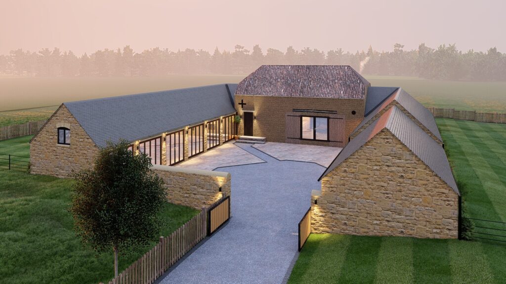 Render of the converted courtyard at Costall's Barn, Teigh